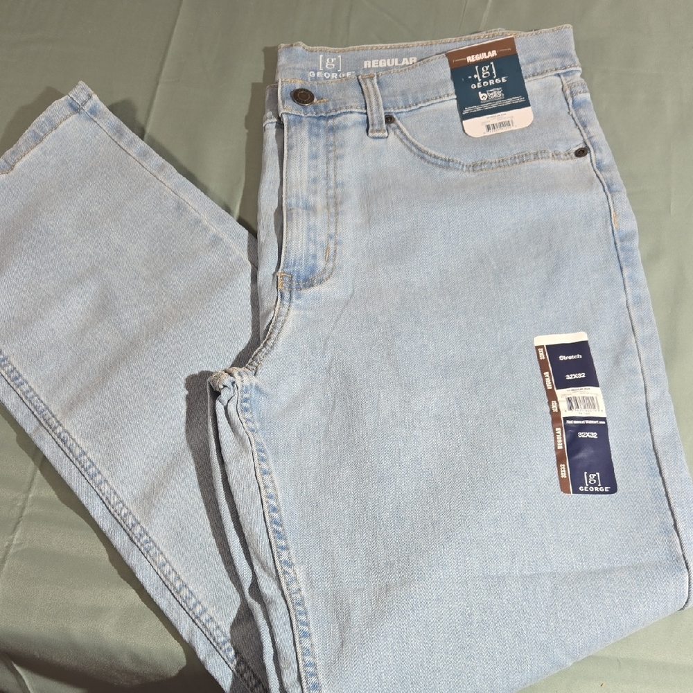 2 Pair George G Men's Light Wash Regular Straight Leg Blue Stretch Jeans 32X32